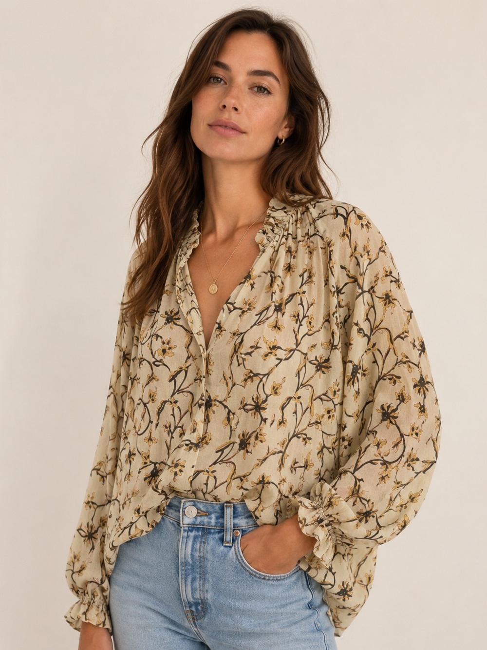 DOEN Floral Ruffle Neck Blouse Cream Brown Viscose Oversized XS - Picture 9 of 9